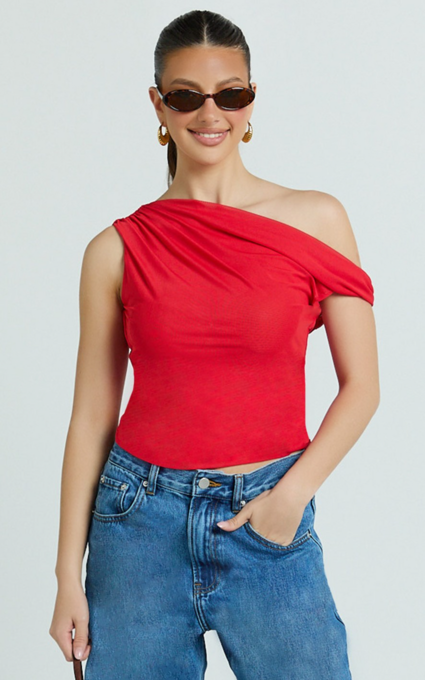 Amaya Top - Off Shoulder Twist Asymmetrical Sleeve Top in Red