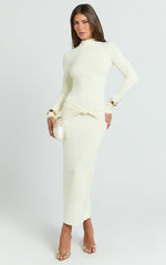Amelita Midi Dress - Long Sleeve Knot Detail Dress in Cream