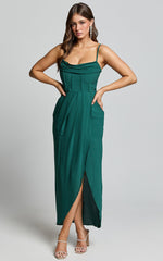 Andrina Midi Dress - High Low Wrap Corset Dress in Forest Green