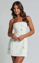 Anziel Mini Dress - Strapless Structured Cluster Embellishment Dress in White