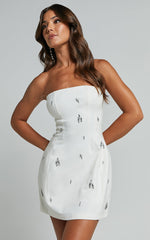 Anziel Mini Dress - Strapless Structured Cluster Embellishment Dress in White
