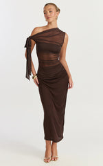 Astrid Midi Dress - Asymmetrical Off Shoulder Tie Detail Dress in Chocolate