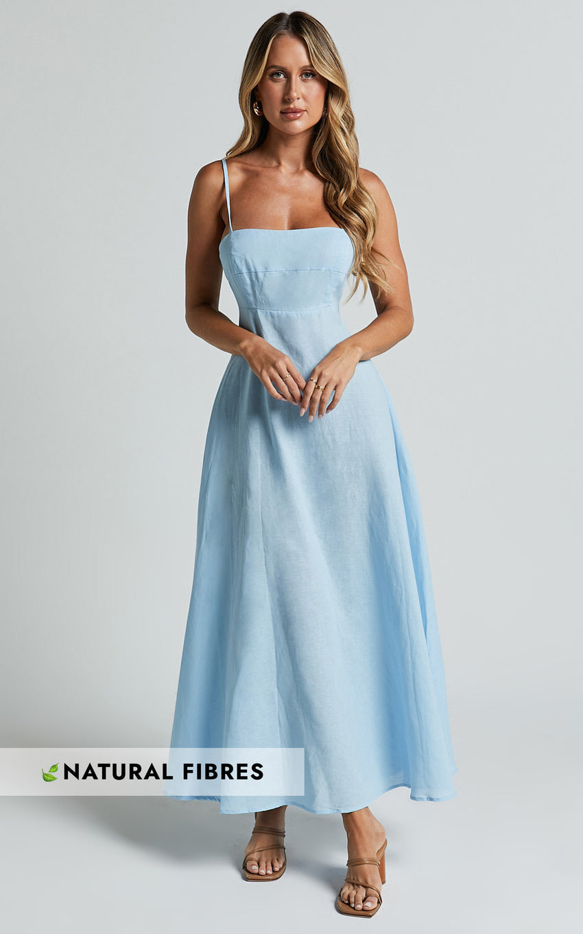 Brette Midi Dress - Linen Straight Neck Strappy Fit And Flare Dress in Blue