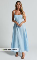 Brette Midi Dress - Linen Straight Neck Strappy Fit And Flare Dress in Blue