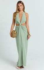 Brooklyn Maxi Dress - Halter Neck Knot Detail Front Split Maxi Dress in Sage