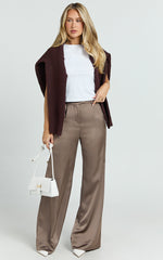 Cade Pants - Mid Waisted Front Pleat Satin Wide Leg Pants in Taupe