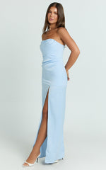 Camila Maxi Dress - Corset Panel Drape Matte Satin Dress in Blue