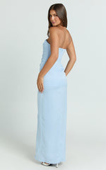 Camila Maxi Dress - Corset Panel Drape Matte Satin Dress in Blue