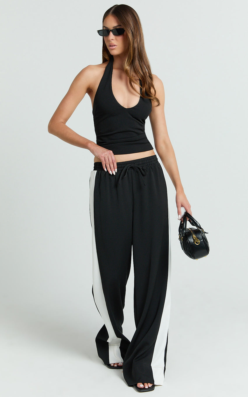 Davi Pants - Drawstring Waist Contrast Panel Tailored Pants in Black