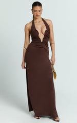 Denise Maxi Dress - Halter U Ruched Neck Cut Out Jersey Dress in Chocolate