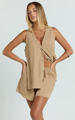 Devon Two Piece Set - Open Side Detail Top & Short Linen Set in Biscuit