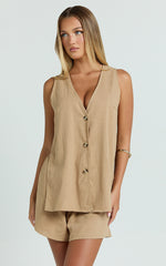 Devon Two Piece Set - Open Side Detail Top & Short Linen Set in Biscuit
