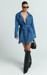 Esme Mini Dress - Denim Shirt Dress with Detachable Belt in Dark Mid Blue
