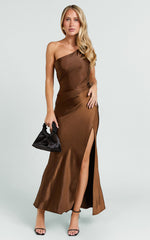 Isla Maxi Dress - Satin One Shoulder Side Split Dress in Chocolate