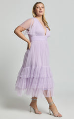 Jiraye Midi Dress - Flutter Sleeve Tuelle Plunge Dress in Lilac
