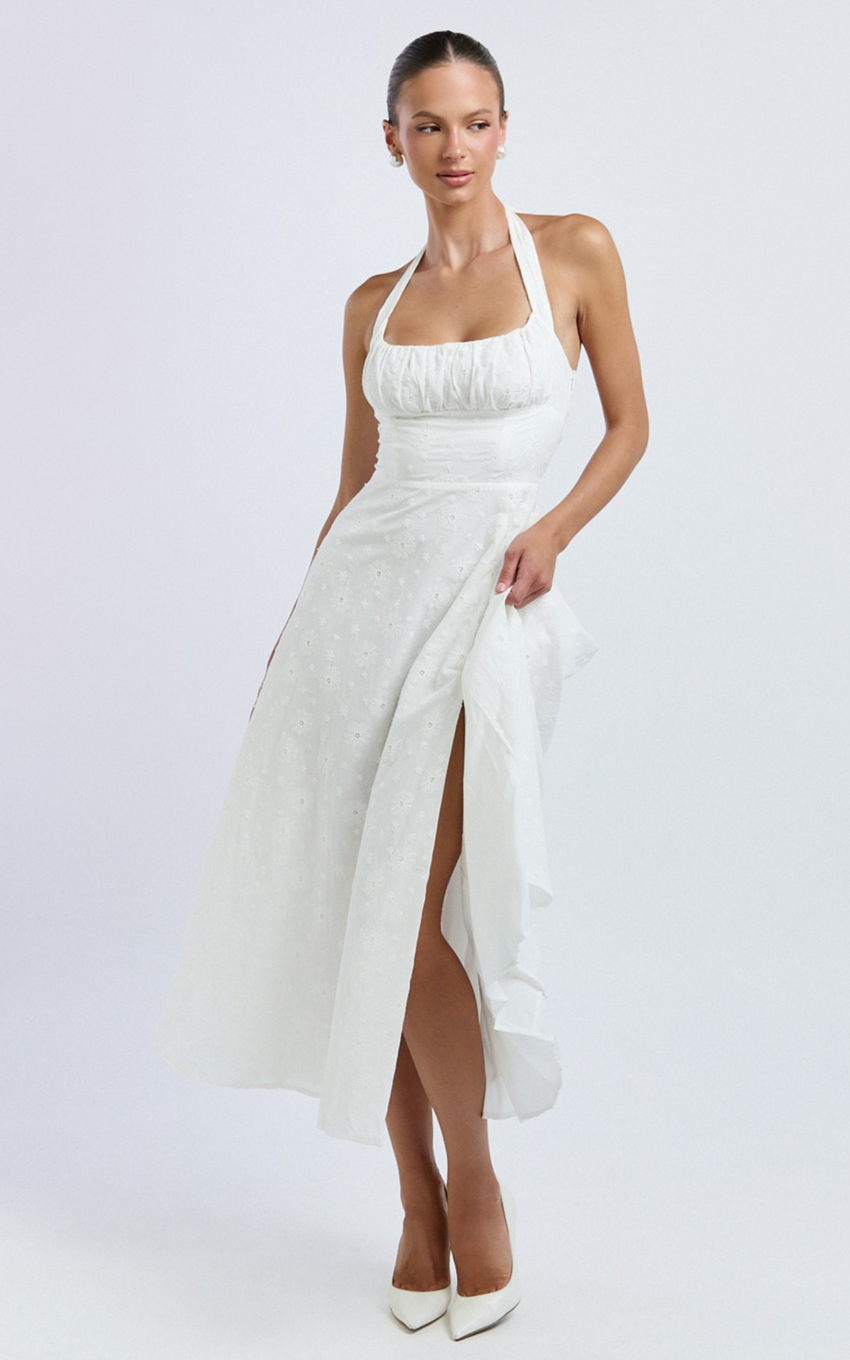 Lyra Midi Dress - Broderie Ruched Bust Halter Neck Dress in White