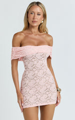 Nalani Mini Dress - Lace Off Shoulder Bodycon Dress in Pink
