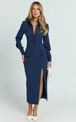 Ophelia Midi Dress - Collared Pinstripe Long Sleeve Fitted Dress in Navy
