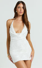 Palmer Mini Dress - Plunge Cowl Neck Backless Lace Dress in Ivory