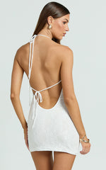 Palmer Mini Dress - Plunge Cowl Neck Backless Lace Dress in Ivory