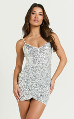 Sascha Mini Dress - Corset Wrap Skirt Sequin Dress in Silver