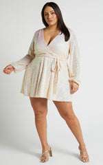Three Of Us Mini Dress - Long Sleeve Wrap Dress in White Sequin
