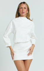 Tonya Mini Dress - High Neck Drop Shoulder Tulip Sleeve Top in White