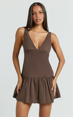 Virginia Mini Dress - Dropped Waist Gathered Mini Dress in Chocolate