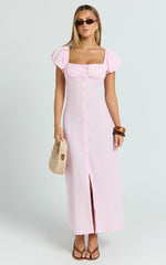 Welmina Midi Dress - Short Sleeve Placket Front Dress in Pale Pink